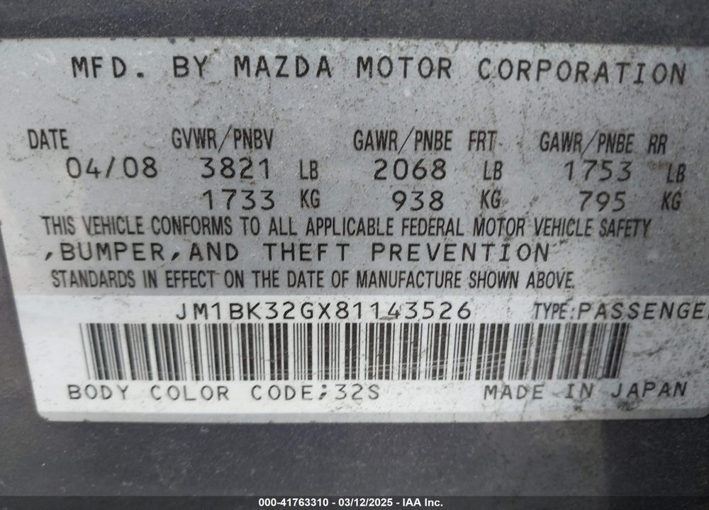 2008 MAZDA MAZDA3 VIN: JM1BK32GX81143526