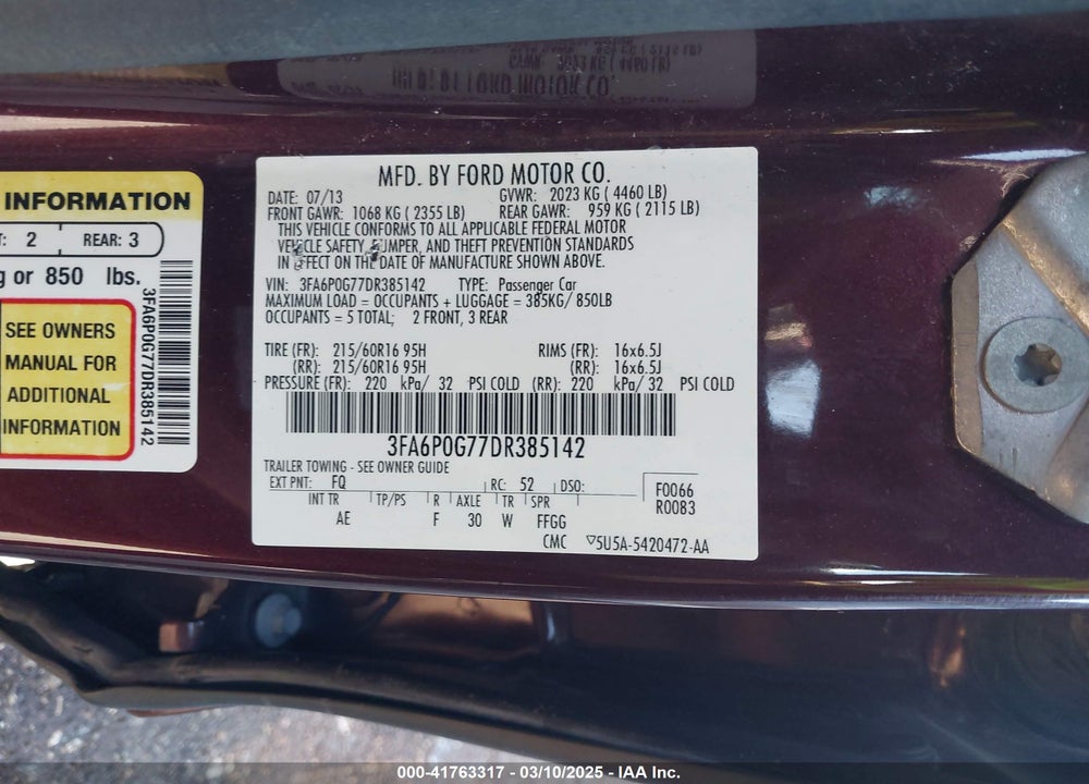 2013 FORD FUSION VIN: 3FA6P0G77DR385142