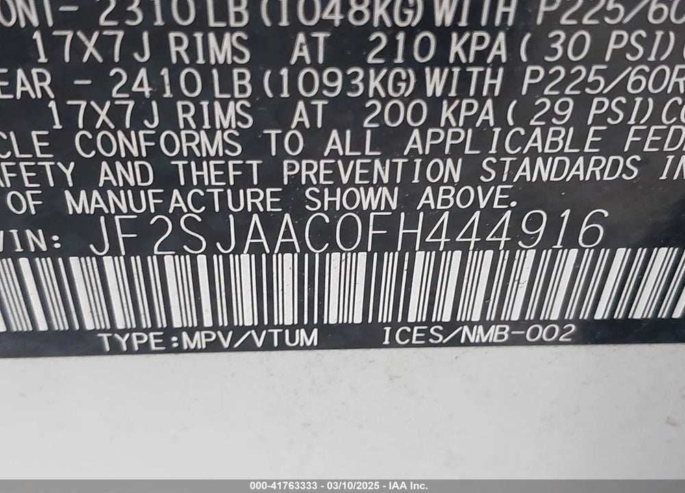 2015 SUBARU FORESTER VIN: JF2SJAAC0FH444916