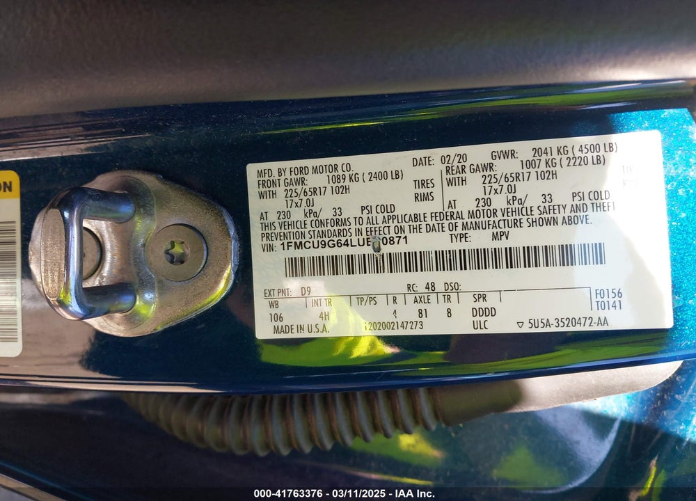 2020 FORD ESCAPE VIN: 1FMCU9G64LUB00871
