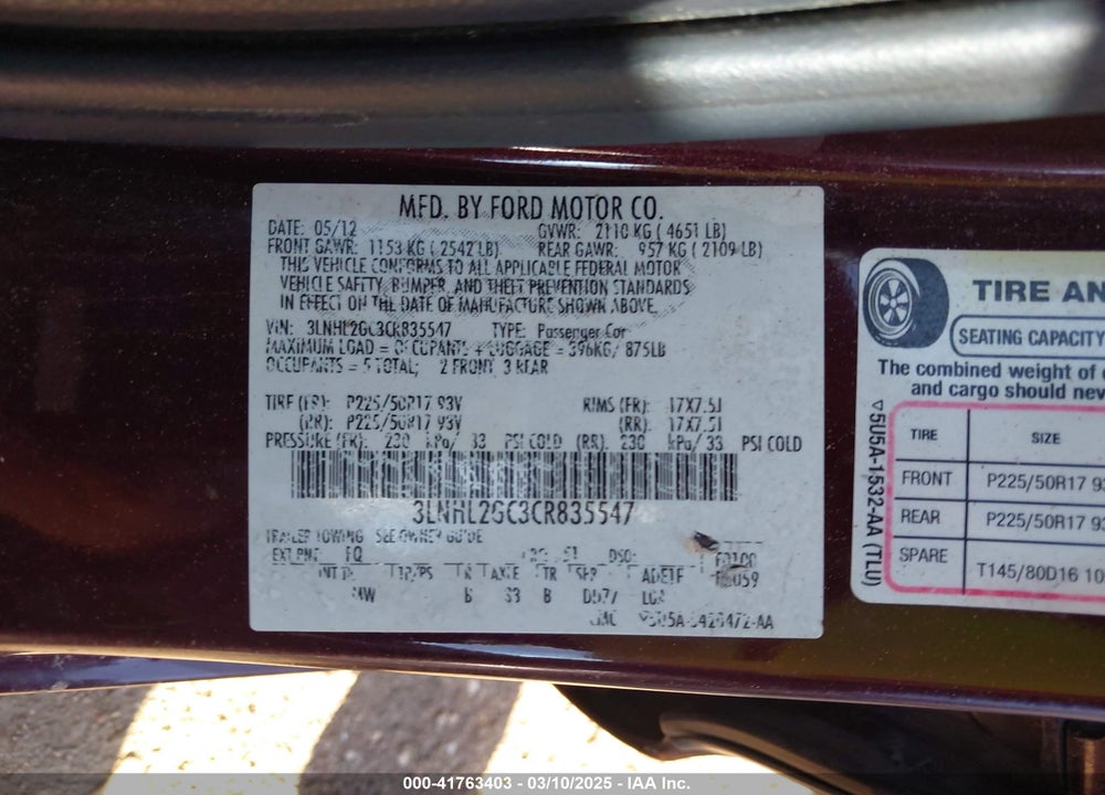 2012 LINCOLN MKZ VIN: 3LNHL2GC3CR835547