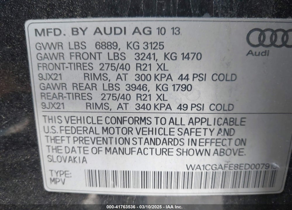 2014 AUDI Q7 VIN: WA1CGAFE8ED007919