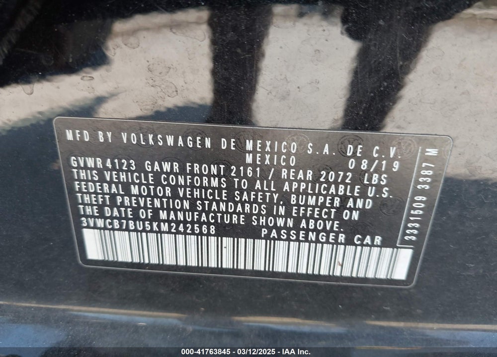 2019 VOLKSWAGEN JETTA VIN: 3VWCB7BU5KM242568