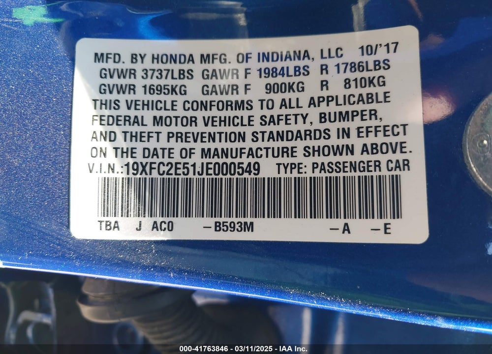 2018 HONDA CIVIC VIN: 19XFC2E51JE000549