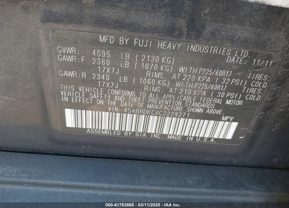 2012 SUBARU OUTBACK VIN: 4S4BRDKCXC2229271
