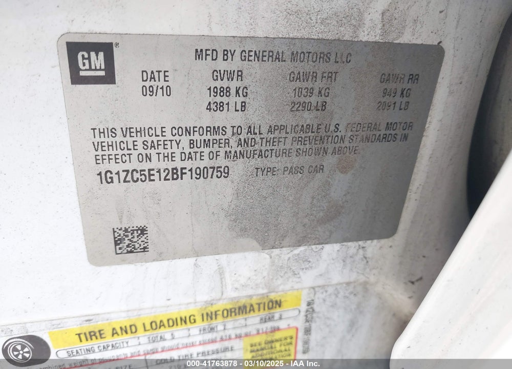 2011 CHEVROLET MALIBU VIN: 1G1ZC5E12BF190759