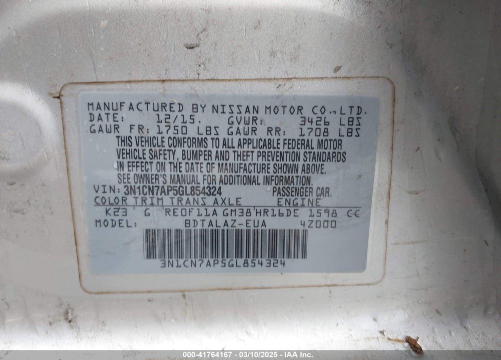 2016 NISSAN VERSA VIN: 3N1CN7AP5GL854324