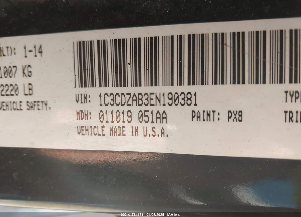 2014 DODGE AVENGER VIN: 1C3CDZAB3EN190381