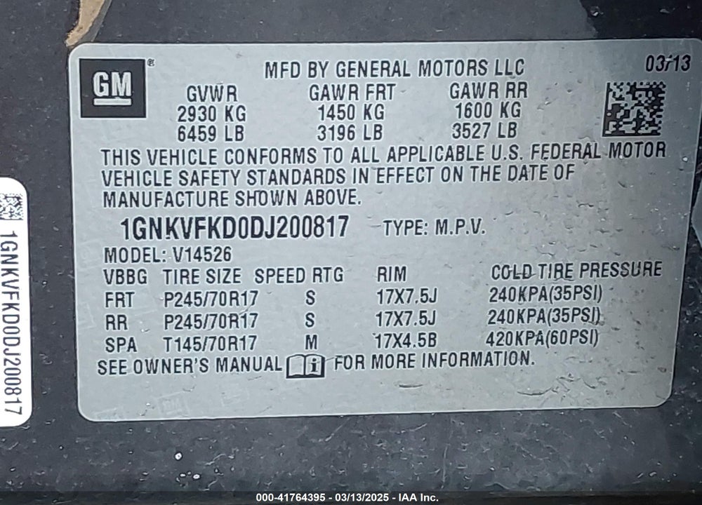 2013 CHEVROLET TRAVERSE VIN: 1GNKVFKD0DJ200817