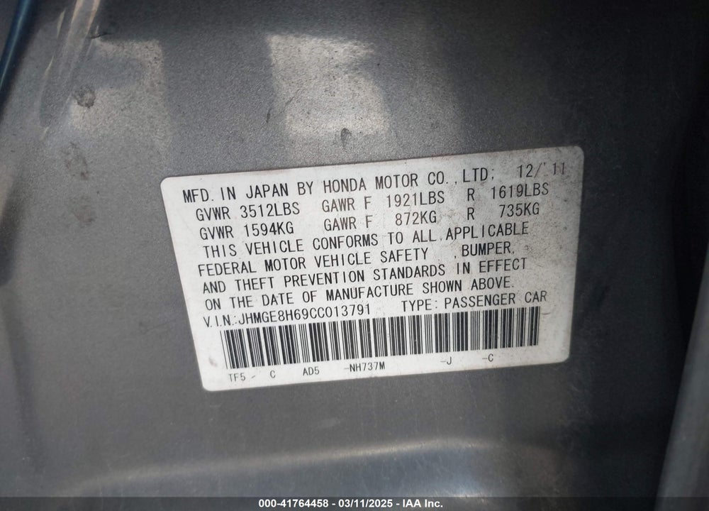 2012 HONDA FIT VIN: JHMGE8H69CC013791