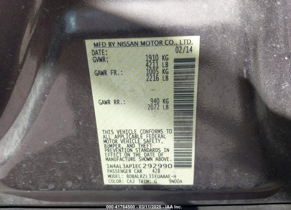 2014 NISSAN ALTIMA VIN: 1N4AL3AP1EC292990
