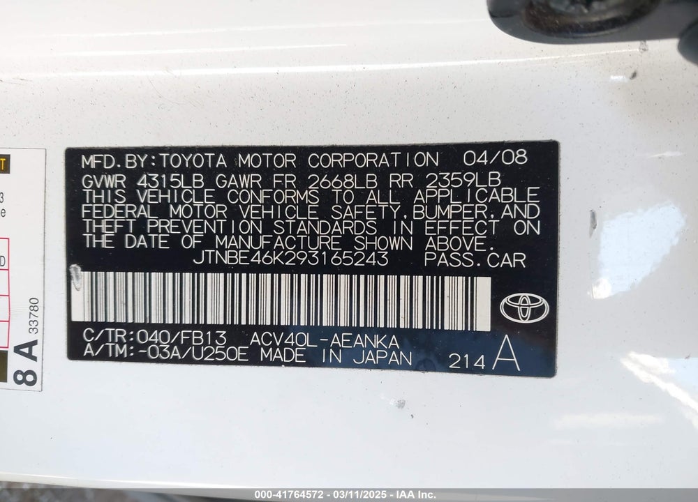 2009 TOYOTA CAMRY VIN: JTNBE46K293165243