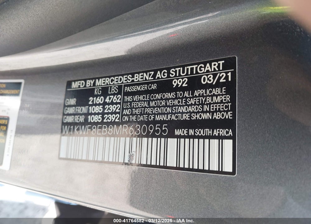 2021 MERCEDES-BENZ C 300 VIN: W1KWF8EB8MR630955