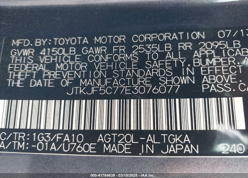 2014 SCION TC VIN: JTKJF5C77E3076077