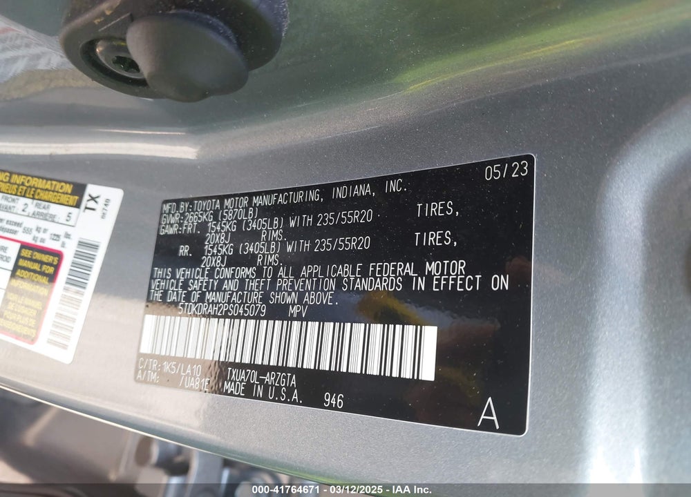 2023 TOYOTA HIGHLANDER VIN: 5TDKDRAH2PS045079