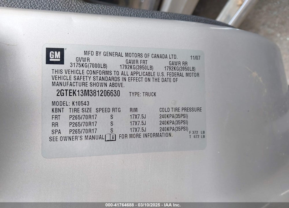 2008 GMC SIERRA 1500 SLE1 VIN: 2GTEK13M381206630