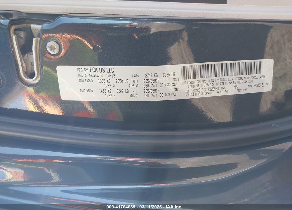 2020 CHRYSLER PACIFICA VIN: 2C4RC1FGXLR128538