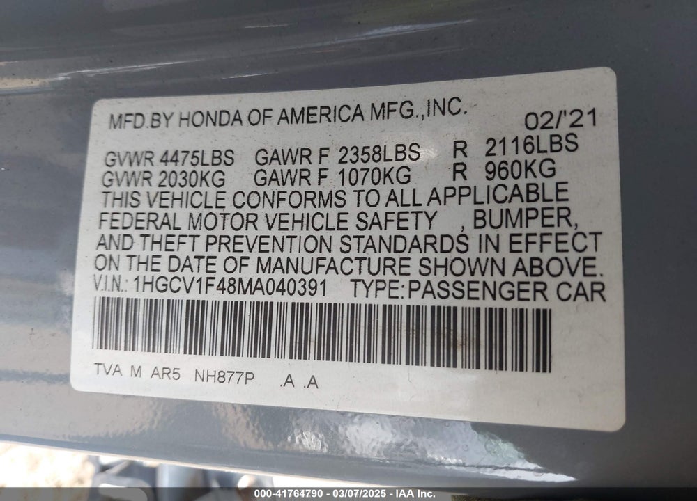 2021 HONDA ACCORD SPORT SPECIAL EDITION VIN: 1HGCV1F48MA040391