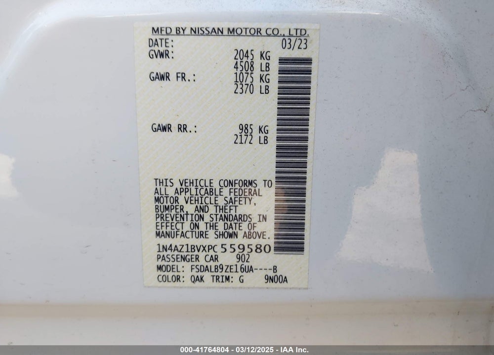 2023 NISSAN LEAF S 40 KWH VIN: 1N4AZ1BVXPC559580