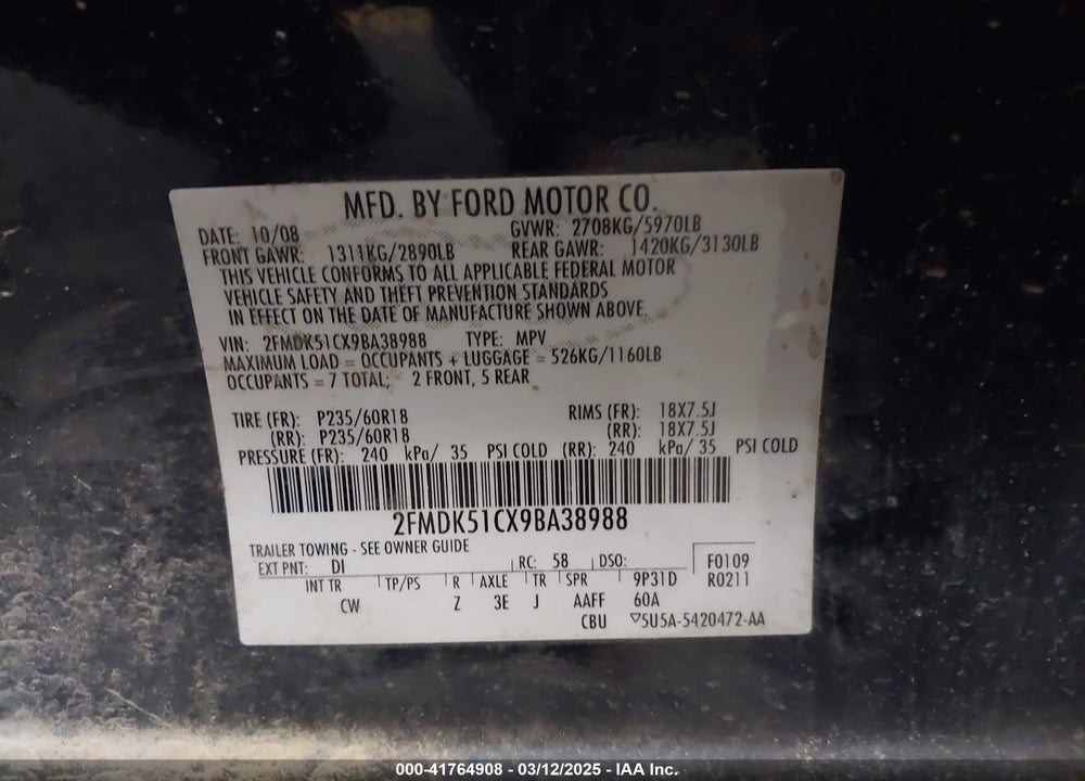 2009 FORD FLEX SE VIN: 2FMDK51CX9BA38988