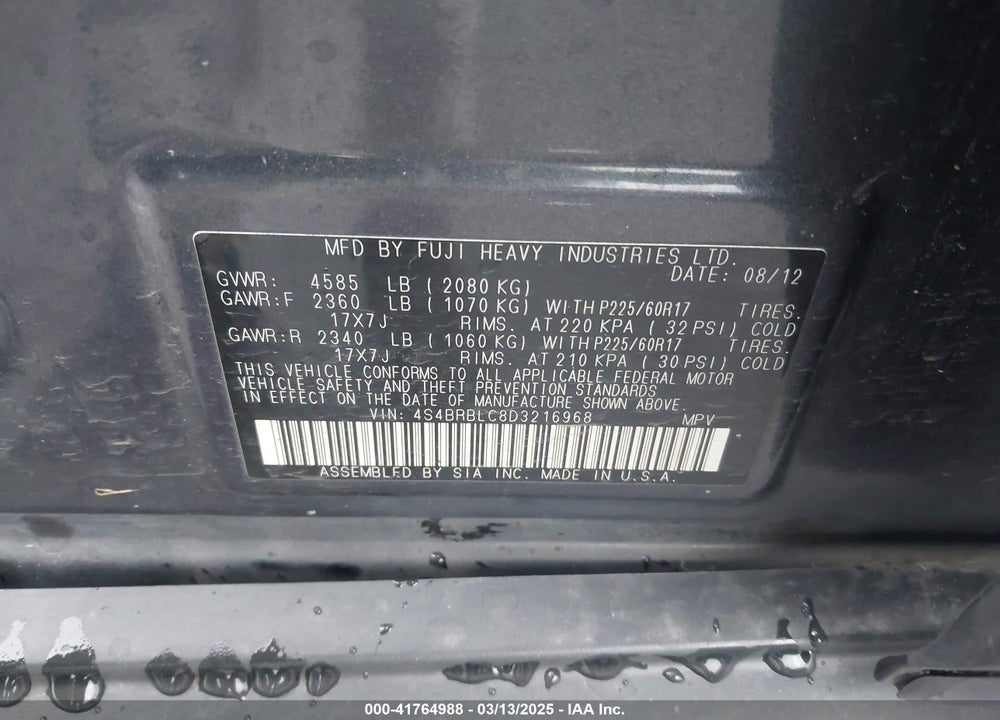 2013 SUBARU OUTBACK 2.5I LIMITED VIN: 4S4BRBLC8D3216968
