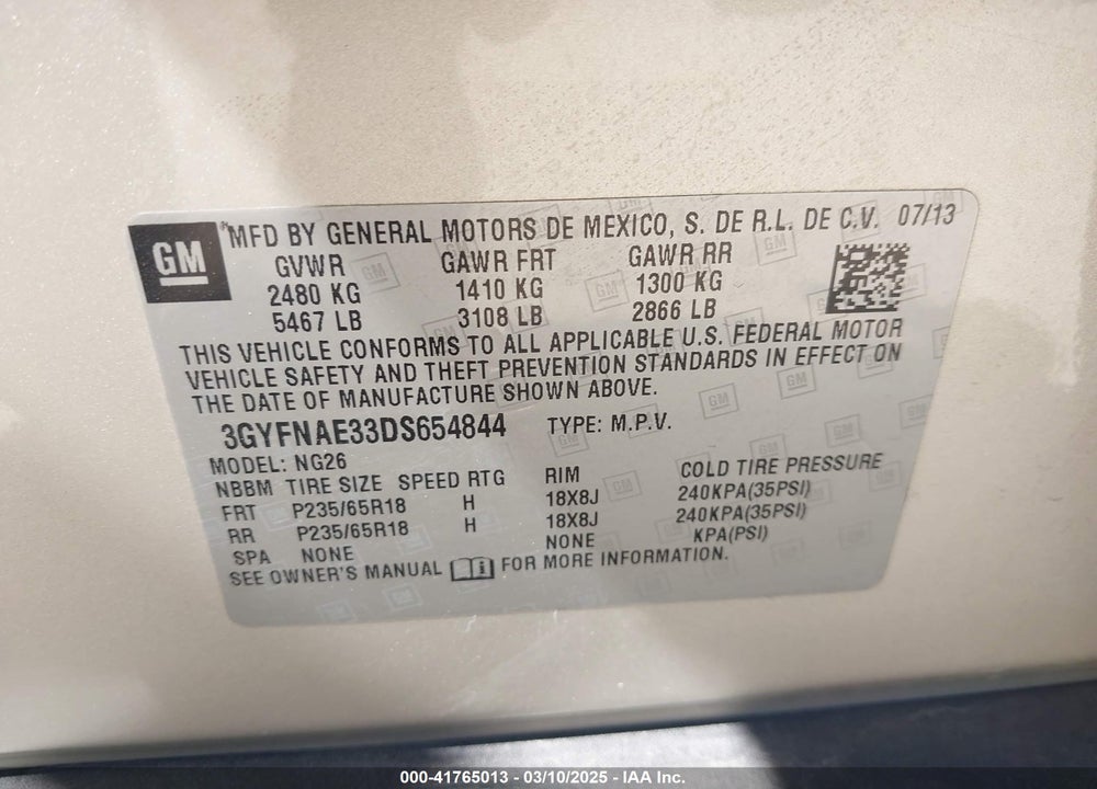 2013 CADILLAC SRX STANDARD VIN: 3GYFNAE33DS654844