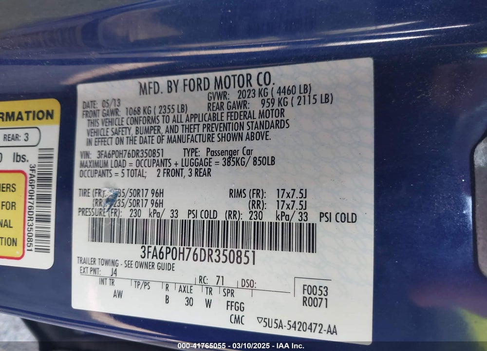 2013 FORD FUSION SE VIN: 3FA6P0H76DR350851