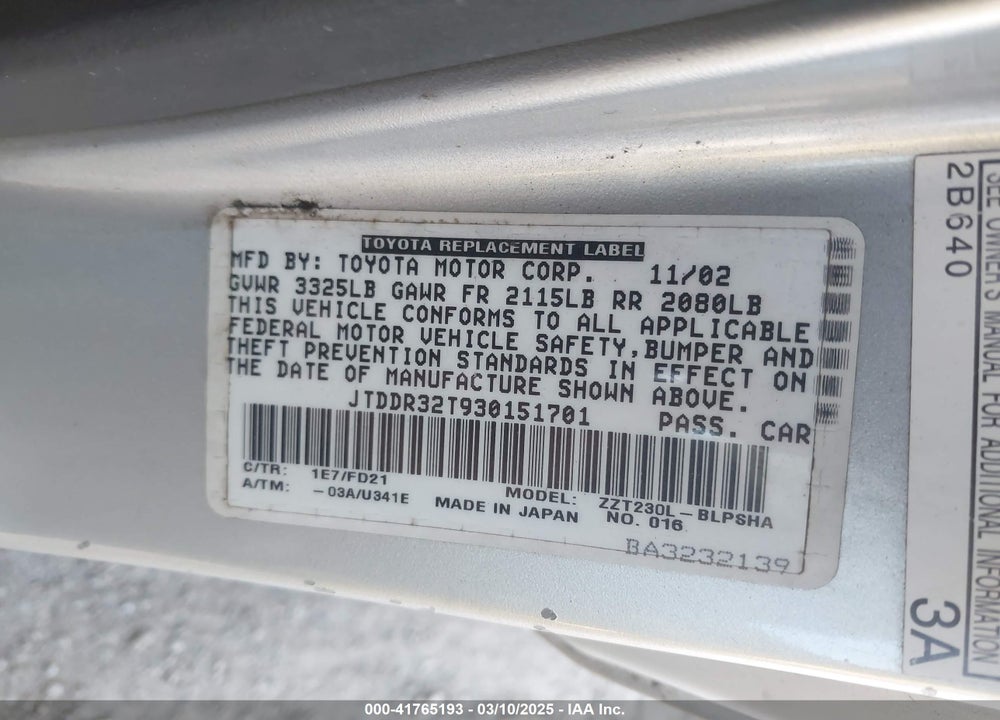 2003 TOYOTA CELICA VIN: JTDDR32T930151701