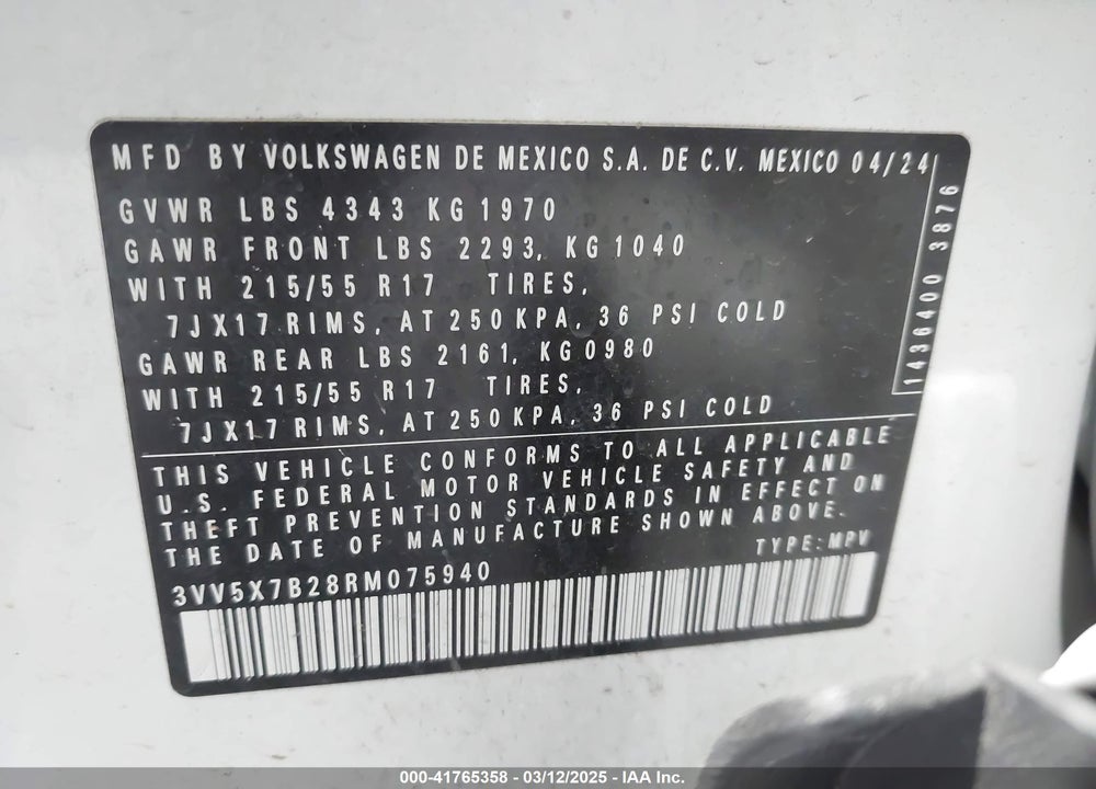 2024 VOLKSWAGEN TAOS VIN: 3VV5X7B28RM075940