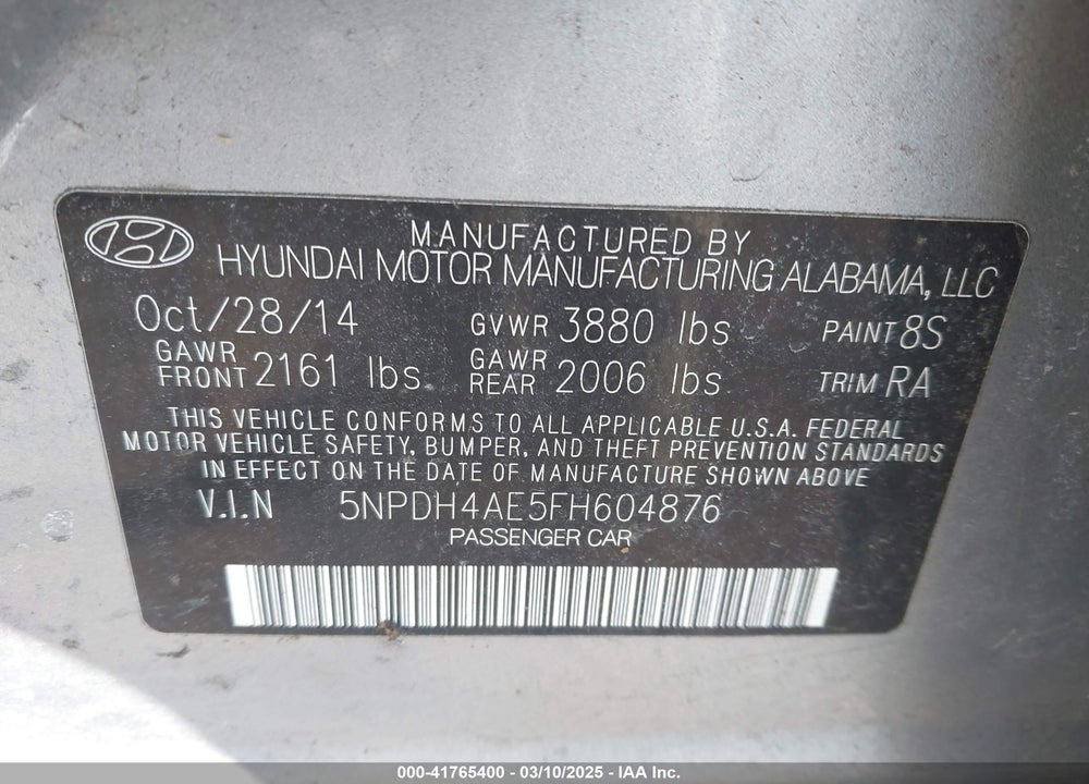 2015 HYUNDAI ELANTRA VIN: 5NPDH4AE5FH604876