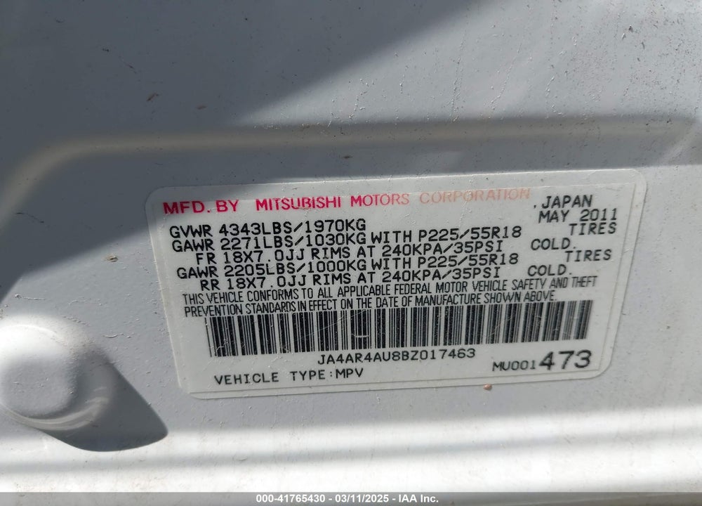 2011 MITSUBISHI OUTLANDER SPORT SE VIN: JA4AR4AU8BZ017463