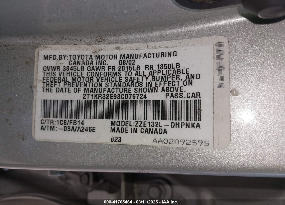 2003 TOYOTA MATRIX VIN: 2T1KR32E93C076724