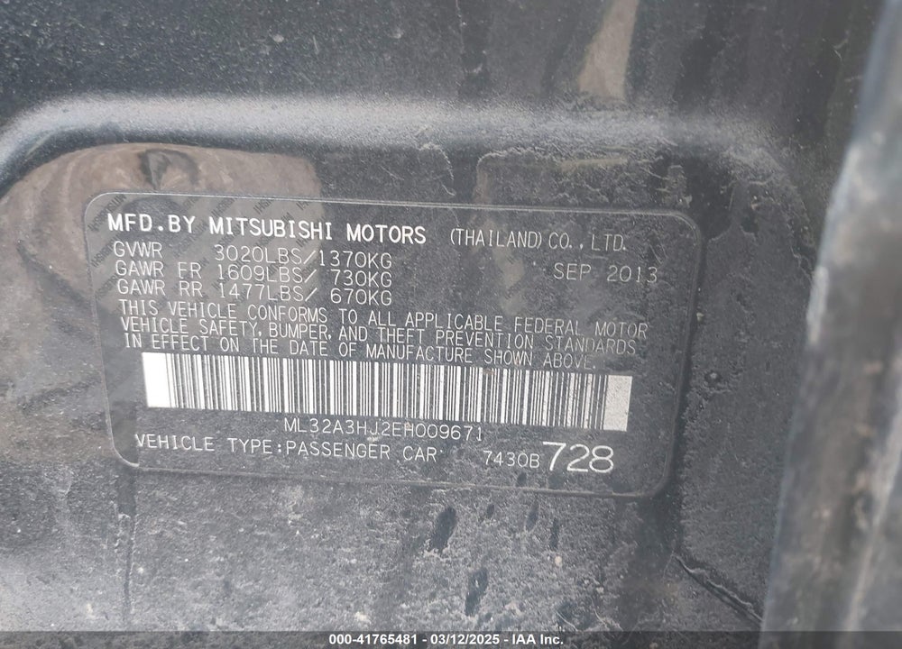 2014 MITSUBISHI MIRAGE VIN: ML32A3HJ2EH009671