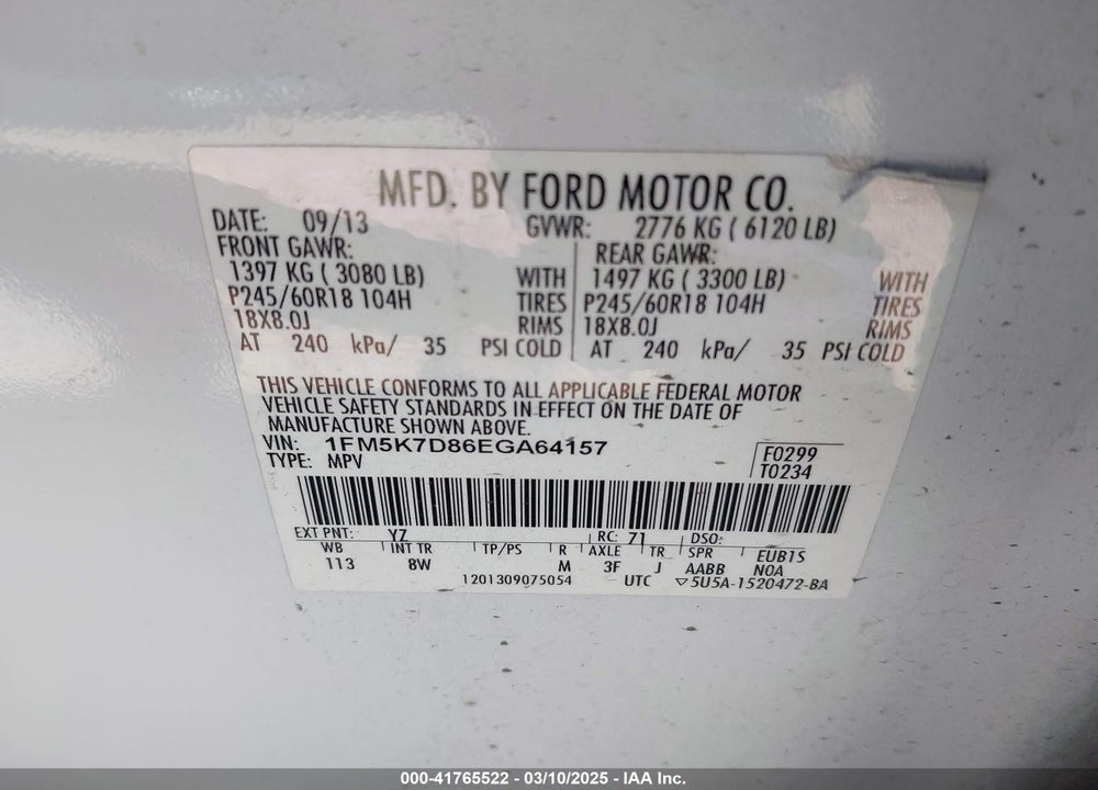 2014 FORD EXPLORER VIN: 1FM5K7D86EGA64157