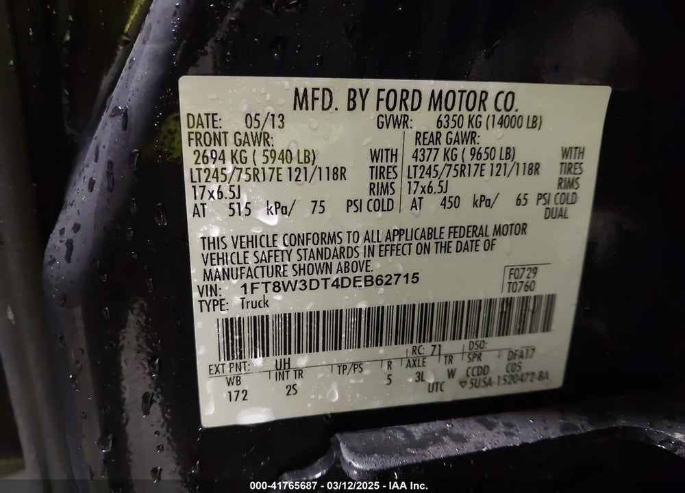 2013 FORD F-350 XLT VIN: 1FT8W3DT4DEB62715