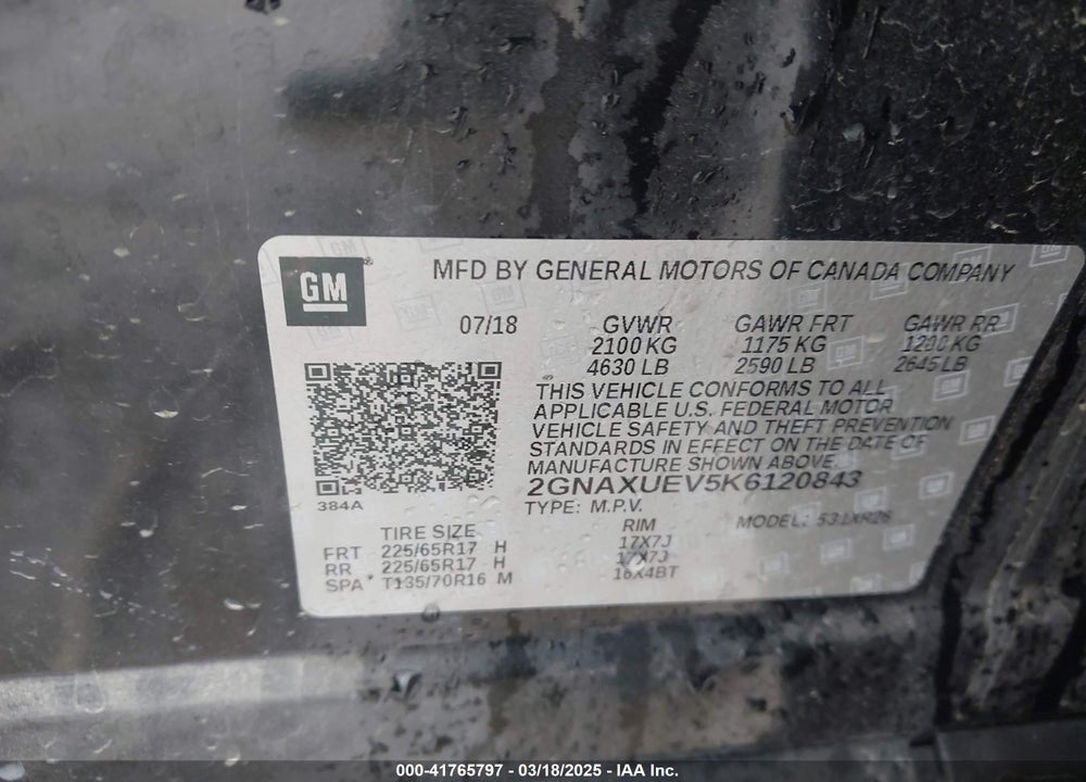 2019 CHEVROLET EQUINOX VIN: 2GNAXUEV5K6120843