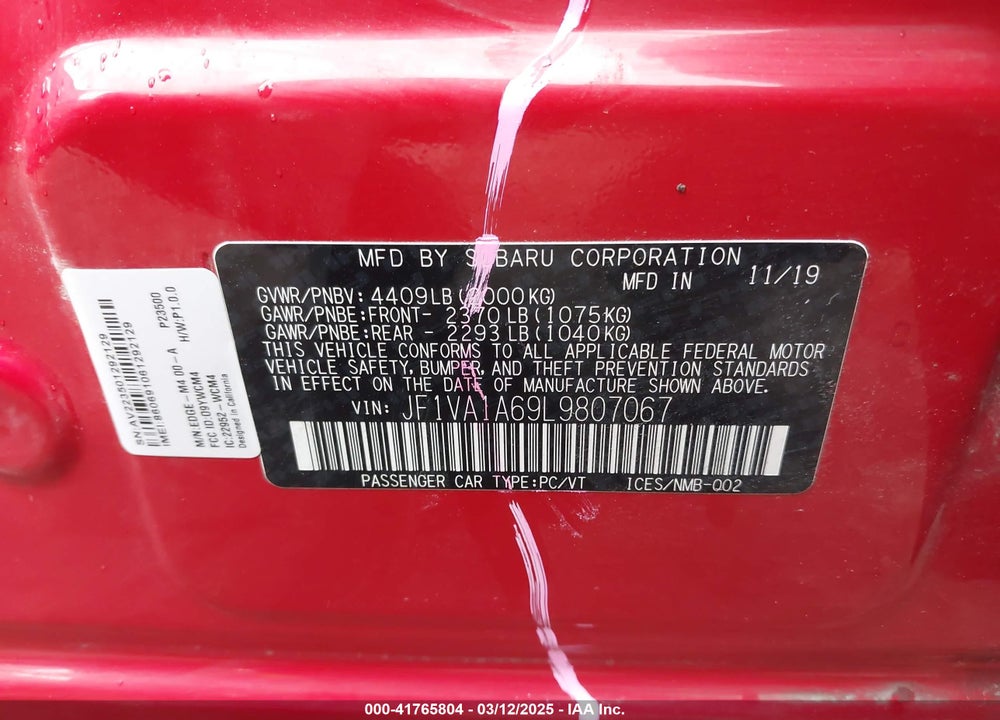 2020 SUBARU WRX VIN: JF1VA1A69L9807067