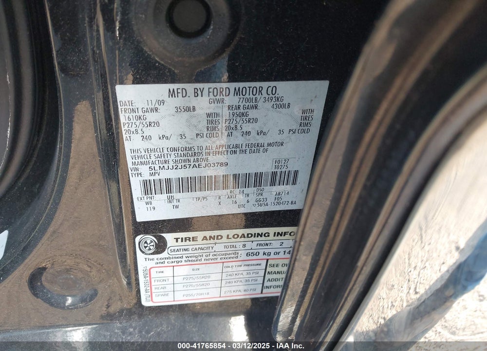 2010 LINCOLN NAVIGATOR VIN: 5LMJJ2J57AEJ03789