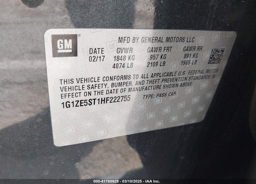 2017 CHEVROLET MALIBU VIN: 1G1ZE5ST1HF222755