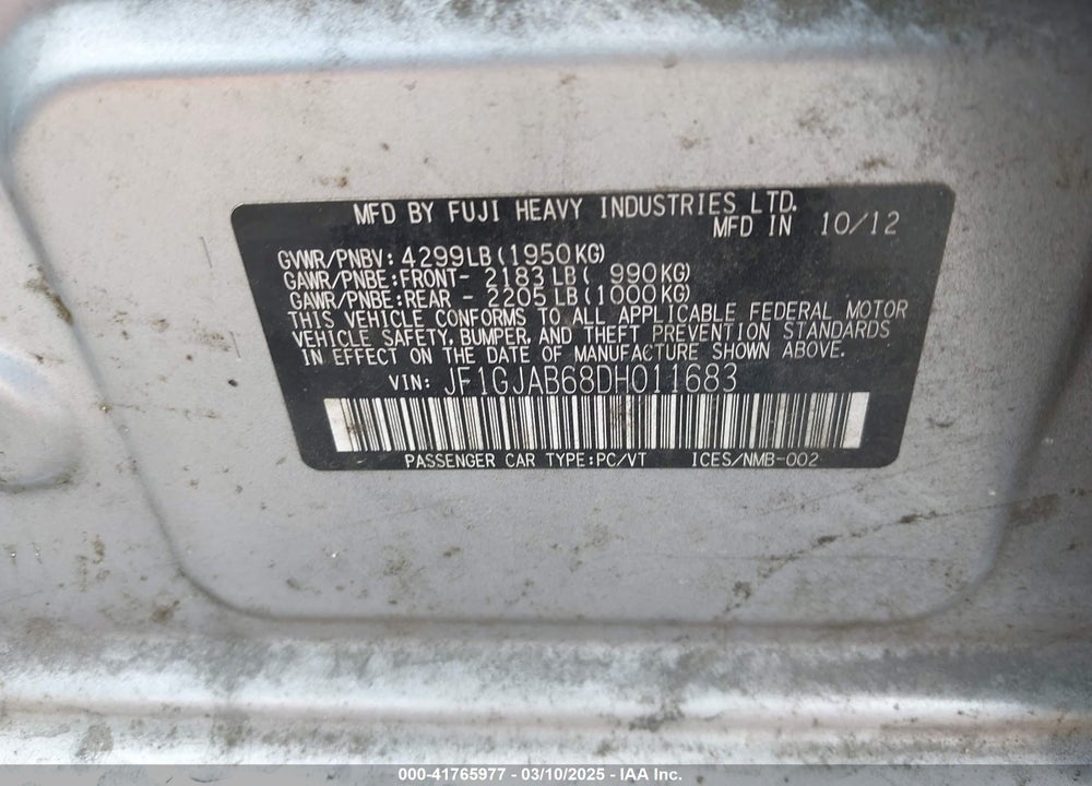 2013 SUBARU IMPREZA VIN: JF1GJAB68DH011683