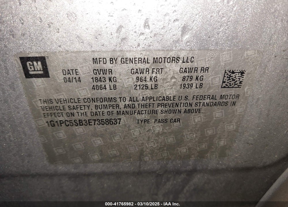2014 CHEVROLET CRUZE VIN: 1G1PC5SB3E7358637