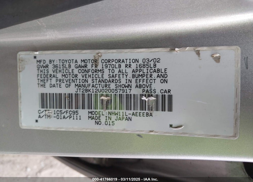 2002 TOYOTA PRIUS VIN: JT2BK12U020057917
