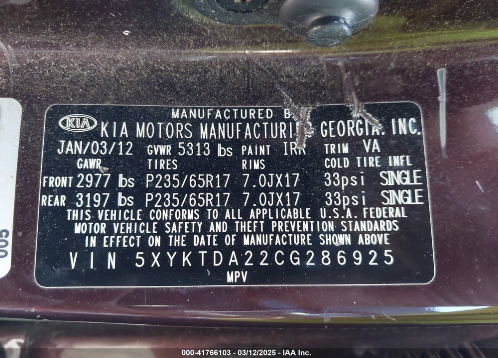 2012 KIA SORENTO VIN: 5XYKTDA22CG286925