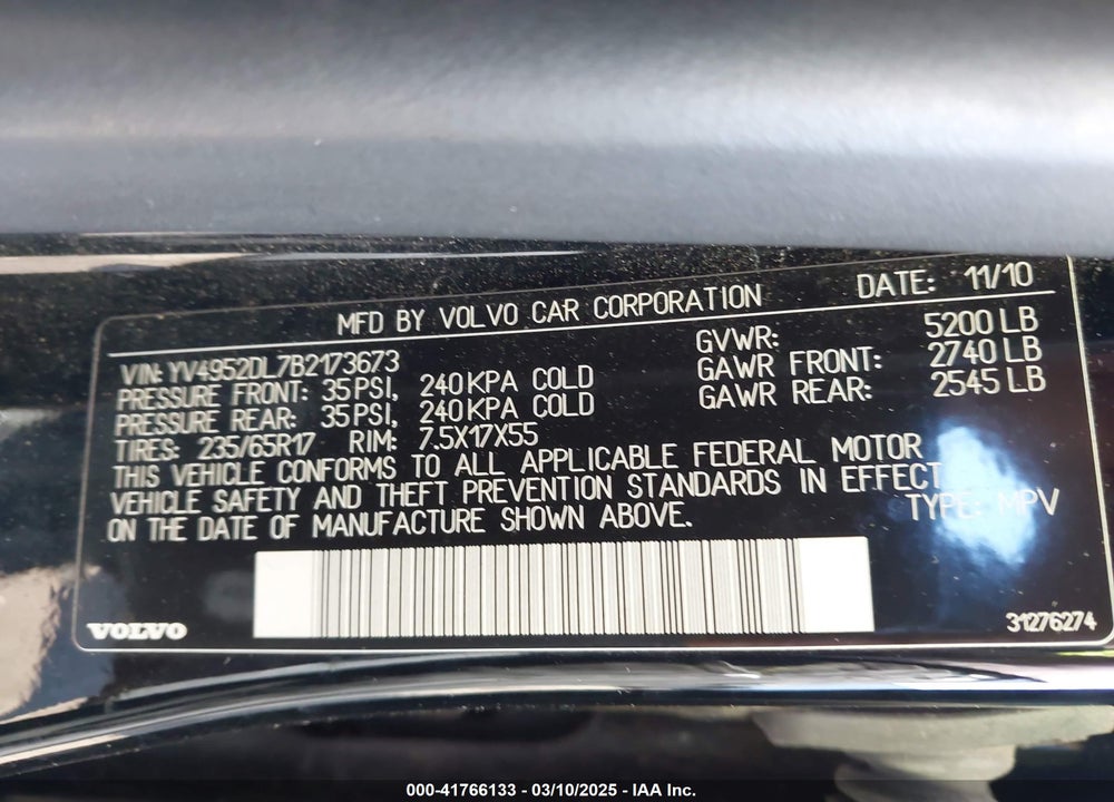 2011 VOLVO XC60 VIN: YV4952DL7B2173673