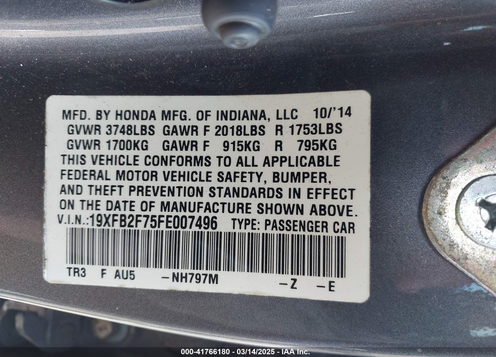 2015 HONDA CIVIC SE VIN: 19XFB2F75FE007496