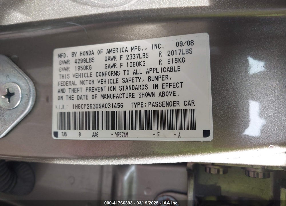 2009 HONDA ACCORD 2.4 LX VIN: 1HGCP26309A031456