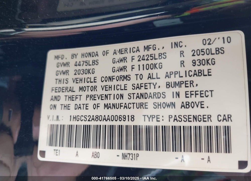 2010 HONDA ACCORD VIN: 1HGCS2A80AA006918