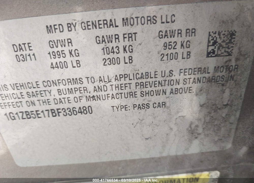 2011 CHEVROLET MALIBU VIN: 1G1ZB5E17BF336480