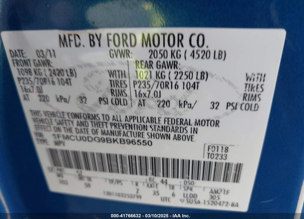 2011 FORD ESCAPE XLT VIN: 1FMCU0DG9BKB96550