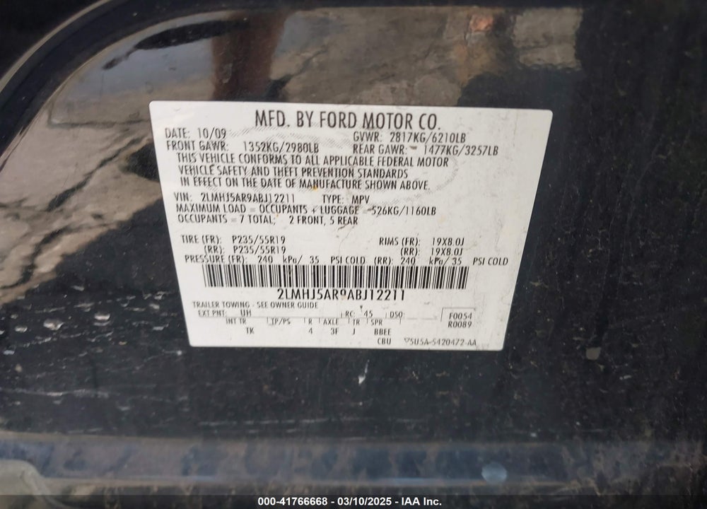 2010 LINCOLN MKT VIN: 2LMHJ5AR9ABJ12211